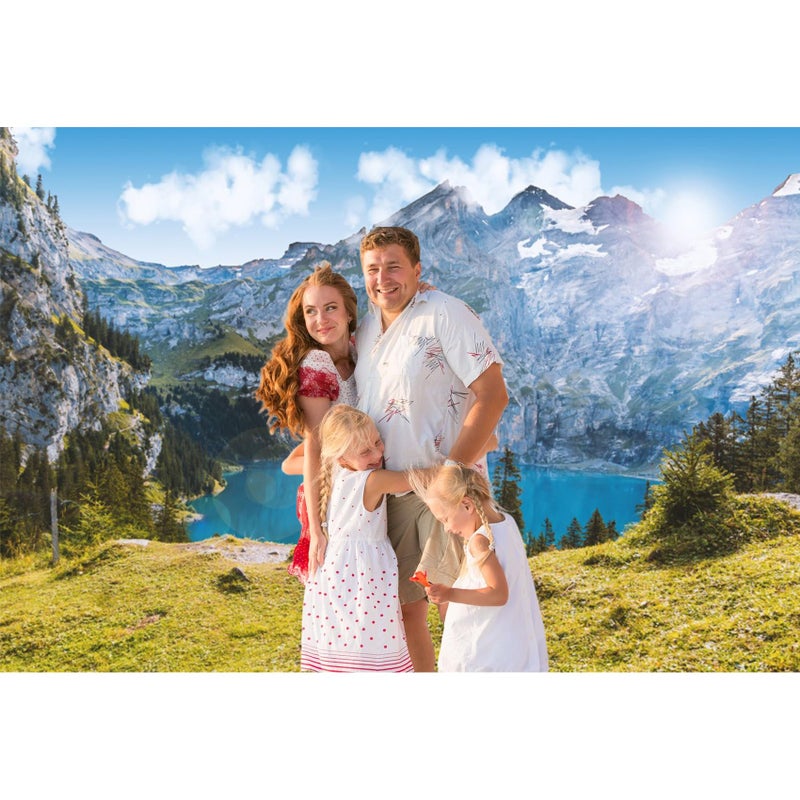 Baocicco 7x5ft Vinyl Mountain and Water Landscape Backdrops for Photography Background Famous Swiss Landscape Blue Sky White Clouds Outdoor Vacation Holiday Party Backdrop Children Adults Portraits - Image 3